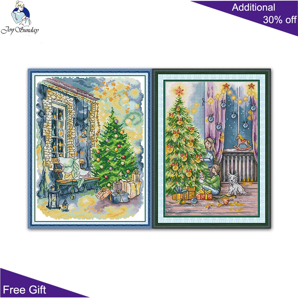 Joy Sunday Decorating Christmas Tree In Front Of The Window Cross Stitch Kit, counted And Stamped Cross Stitch, FA328, RA696