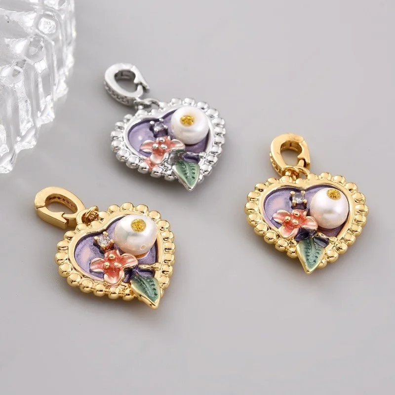 1 Pcs 18K Gold-plated Copper Monet Garden Necklace Pendant Love Oil Painting Style Natural Pearl Diy Jewelry Accessories Pendant