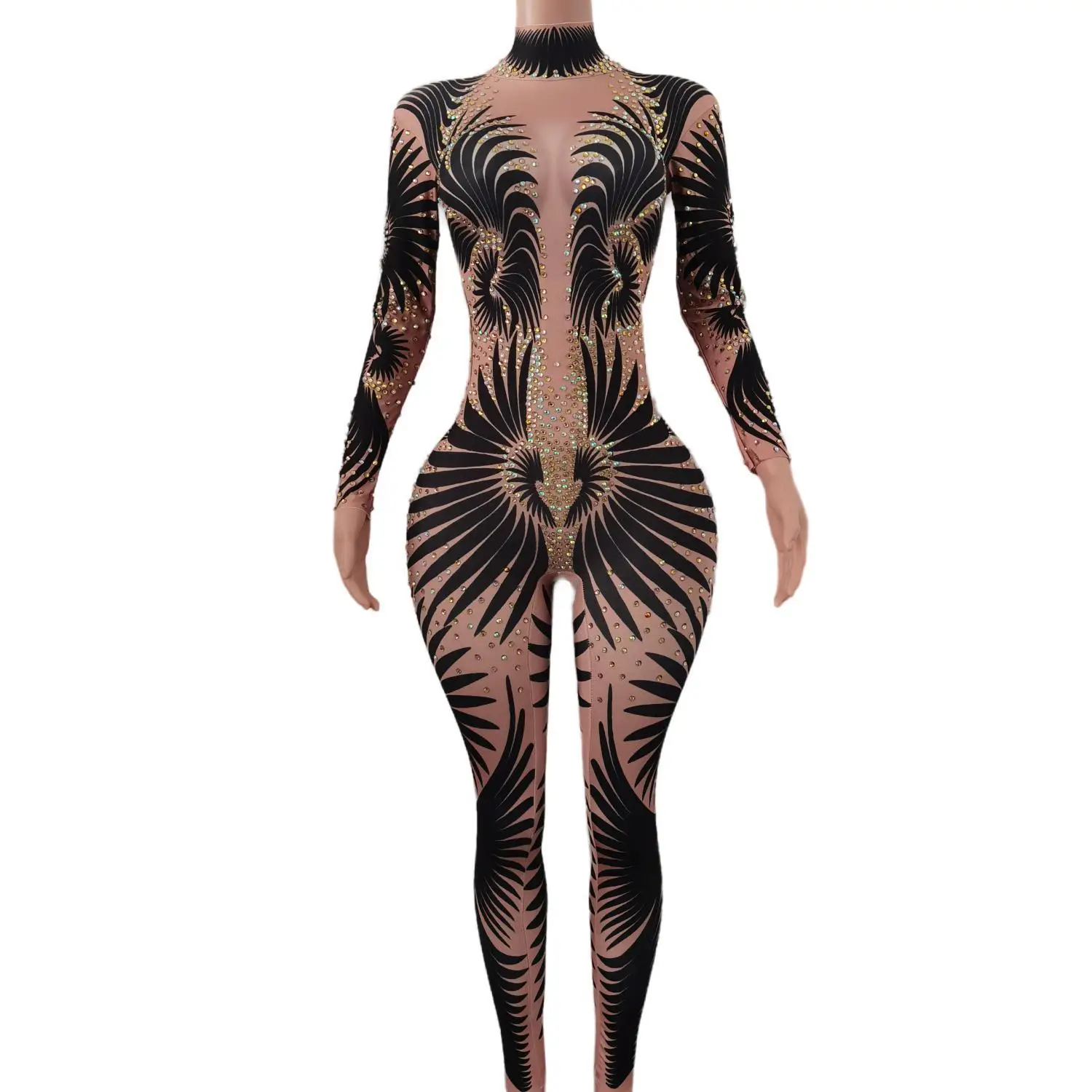 

Sexy Feather Patterns Jumpsuit Women Sparkly Stones Bodysuit Stage Wear Celebrate Female Singer Crystals Costume Outfit Feibiao