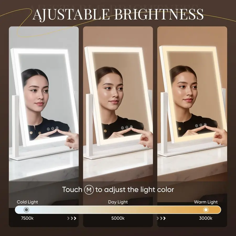 ライト付きバニティミラー、17.3 LEDメイクアップミラー、取り外し可能な10倍5倍拡大鏡、スマートタッチコントロール、3色照明モード、3
