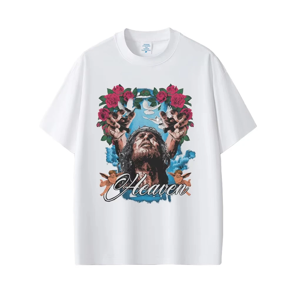 الدين المسيحي يسوع نمط تي شيرت الرجال والنساء عادية القطن تي شيرت ريترو الرجال روك تي شيرت 90s ملابس الشارع