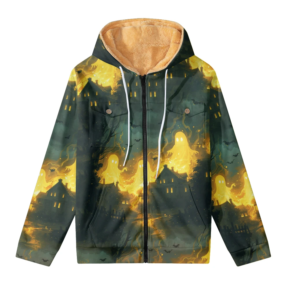 Men's and women's thick wool hooded double-layer jackets, winter autumn Halloween printed chest pocket zipper, outdoor warmth