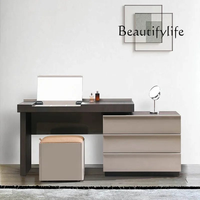 Q Italian dresser smoked wood baking paint retractable storage three-bucket cabinet multi-function flip mirror makeup table