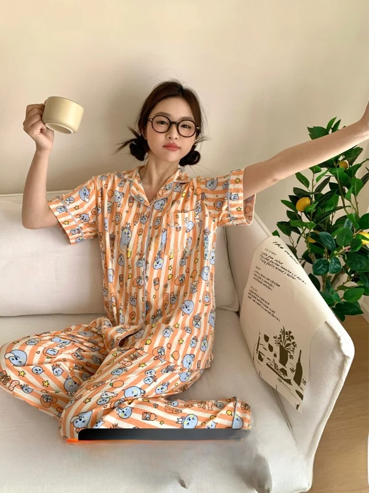 

Cute Cartoon Spwear Women's Summer Thin ort Sve Long Pants Tee-piece Set Teenage Girls Can Wear Outdoor Home Clothes