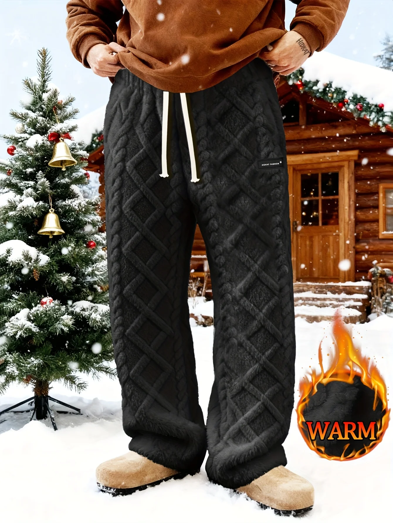 

Men'S Winter Warm Fleece-Lined Pants with Drawstring Waist - Cozy Geometric Pattern Lightweight & Comfortable Outdoor