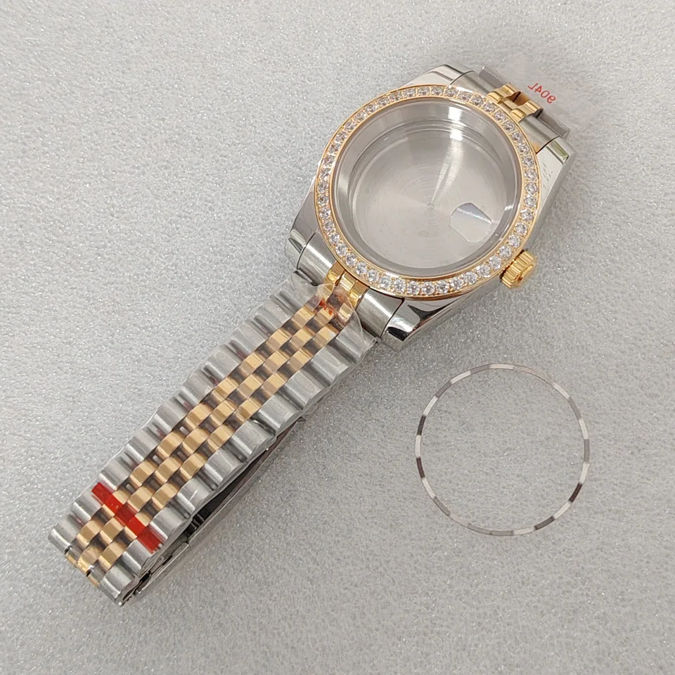 Корпус часов Oyster 36 мм/39 мм с бриллиантами + пять бусин, средний золотой ремешок для часов, сапфировое стекло для механизма NH35, 3 атм