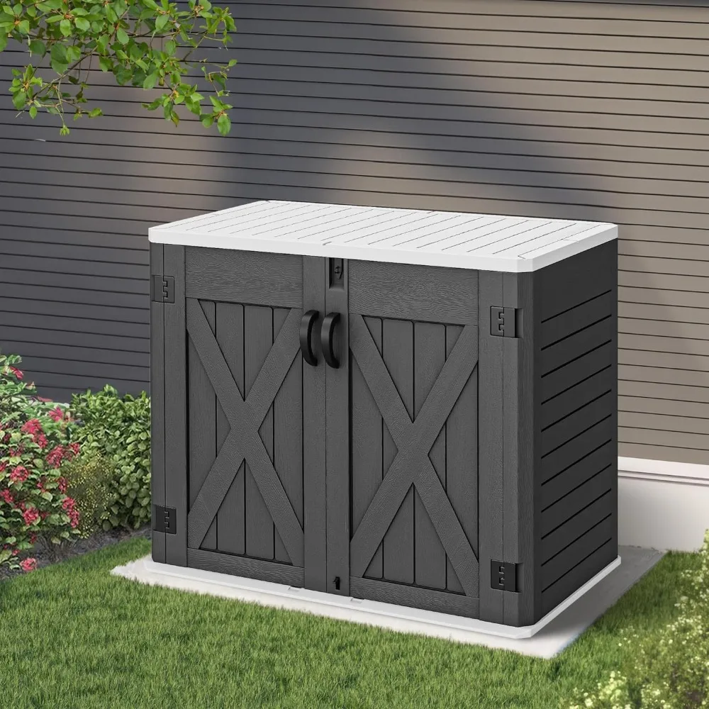 

Outdoor storage shed with X-shaped lockable door, 35 cubic feet weather resistant resin tool shed, without shelves