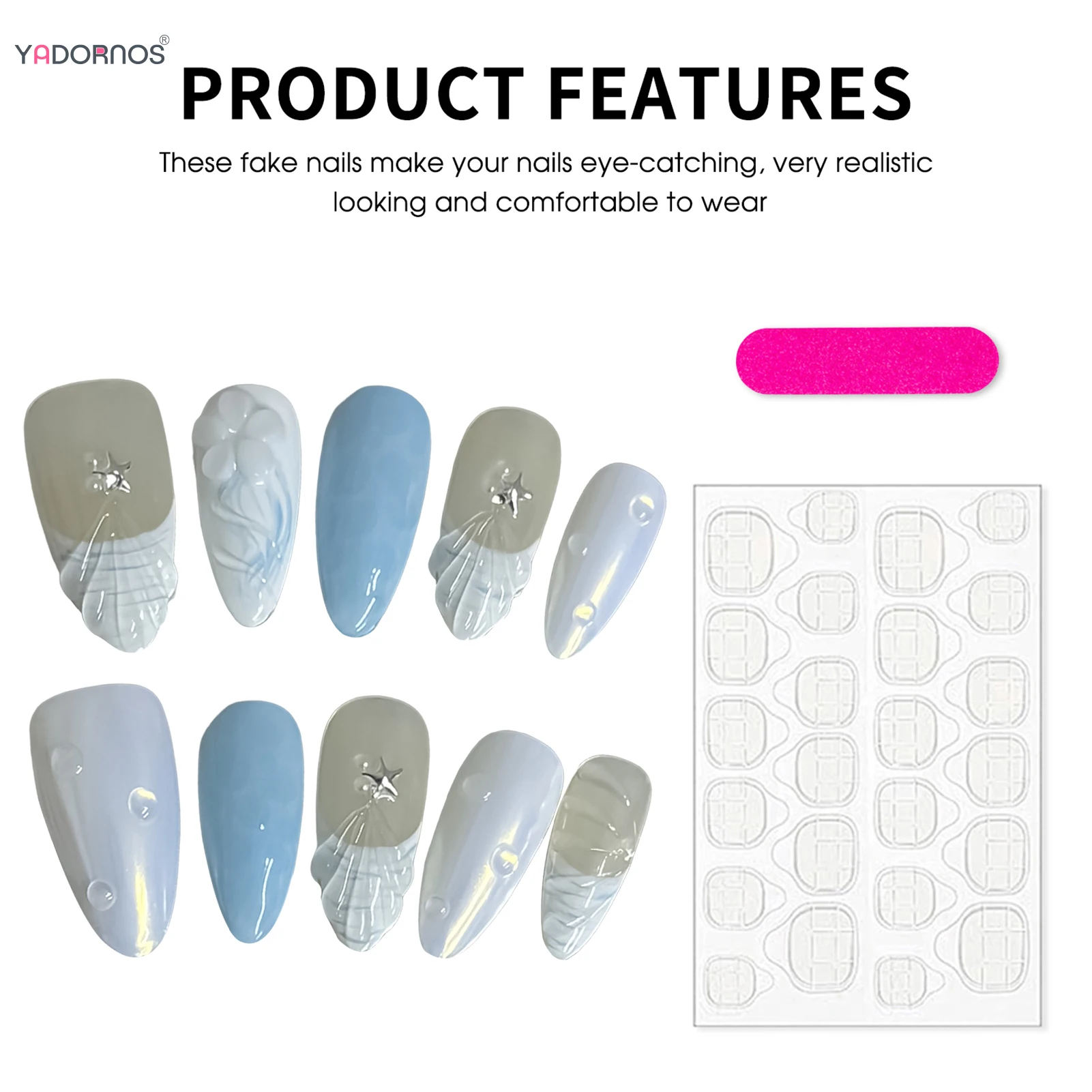 10pcs Handmade กดบนเล็บสีฟ้าสไตล์ฝรั่งเศสฤดูร้อน Ocean Series เล็บปลอมสเตอริโอ Seashells Designs หวานเล็บปลอม