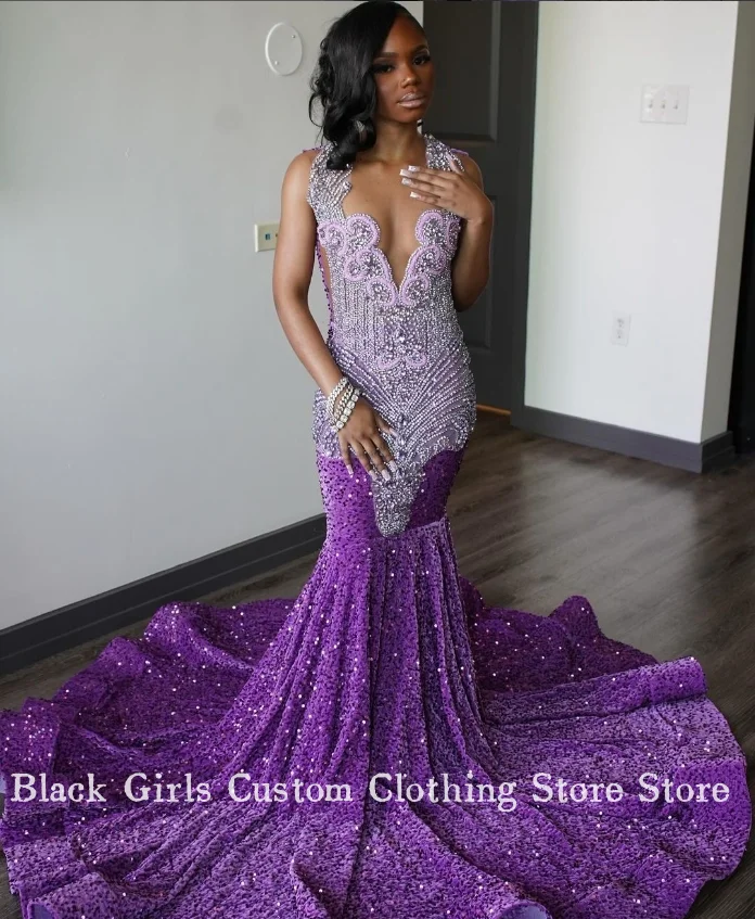 Winogronowo-fioletowa sukienka Diamante Mermaid Prom Dress 2024 Glitter Crystal Beaded Applique Black Girl Birthday Party Dress Robes De Soirée