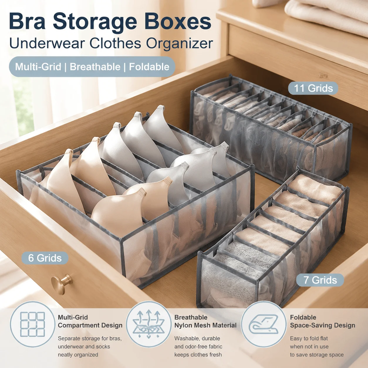 Underwear Organizer Bra Storage Box Drawer Divider Sock Organizer Foldable Nylon Mesh Closet Organizer Multi-Grid Compartment