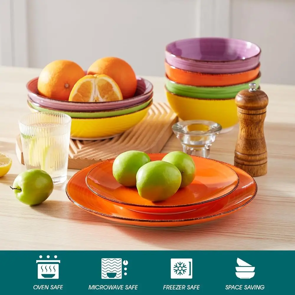 أطباق عشاء بونيتا، أطباق سيراميك 10.5 بوصة، أطباق آمنة للميكروويف والفرن وغسالة الأطباق، مجموعة من 6 قطع - ألوان متنوعة