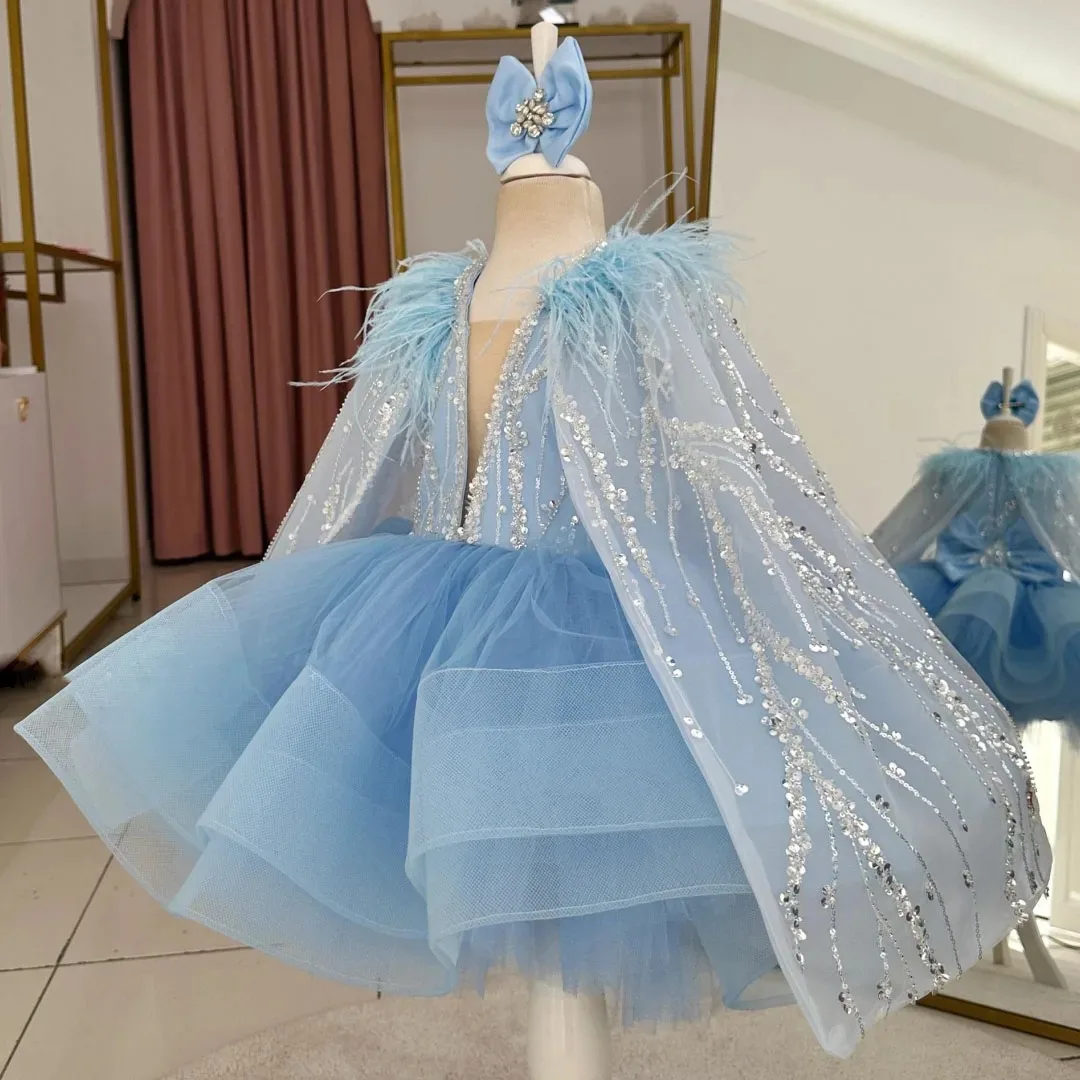 

Customized Blue Flower Girl Dresses for Wedding Party Dresses With Bow Sequins Feather Lovely Baby Girl Birthday Party Gowns