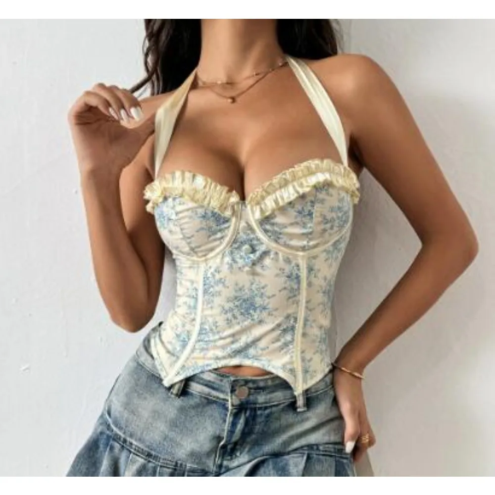 Sexy Hotsweet Print Halter Bandage Slim Corset Slim Chic Ins Bustier Tank Top Basic Club Fashion Off Shoulder Summer Crop Top