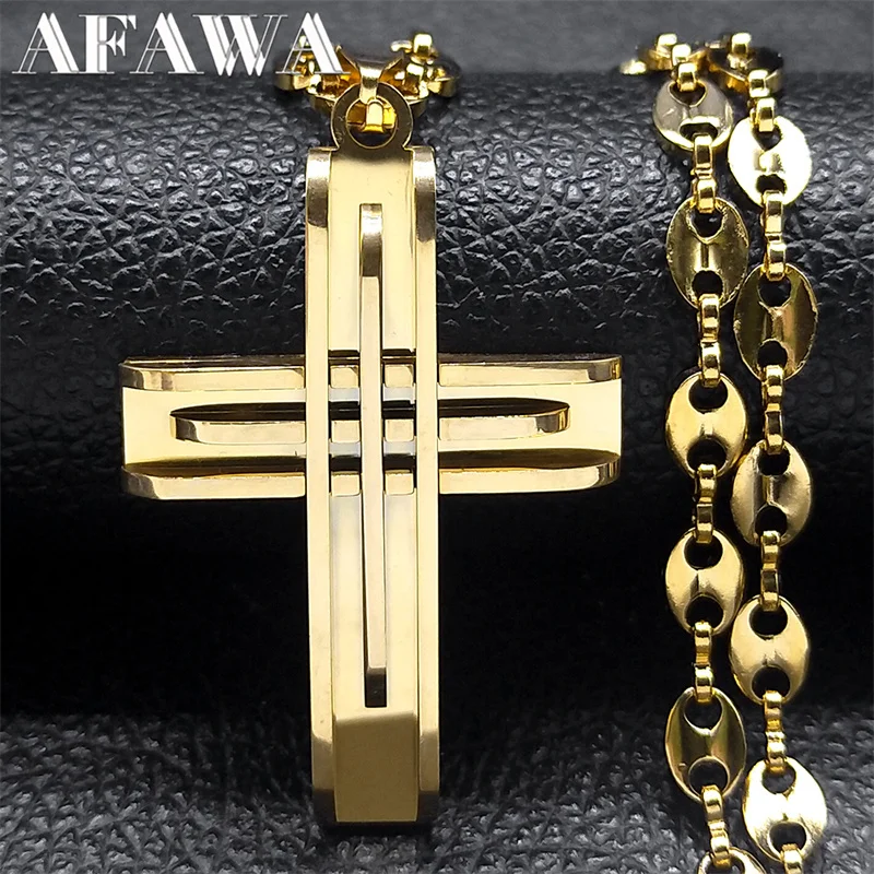 Religious Crucifix Jesus Cross Necklace for Men Women Stainless Steel Gold Color Coffee Beans Chain Male Jewelry collares N2356S