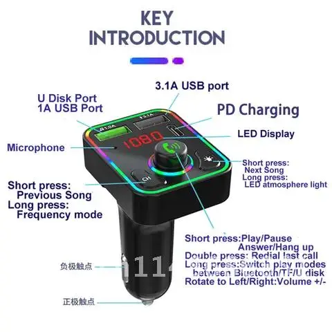 Light Ambient Bluetooth 5.0 FM Transmitter Type-C Car Kit Charger Dual USB Audio Receiver Handsfree MP3 Player Music U Disk play