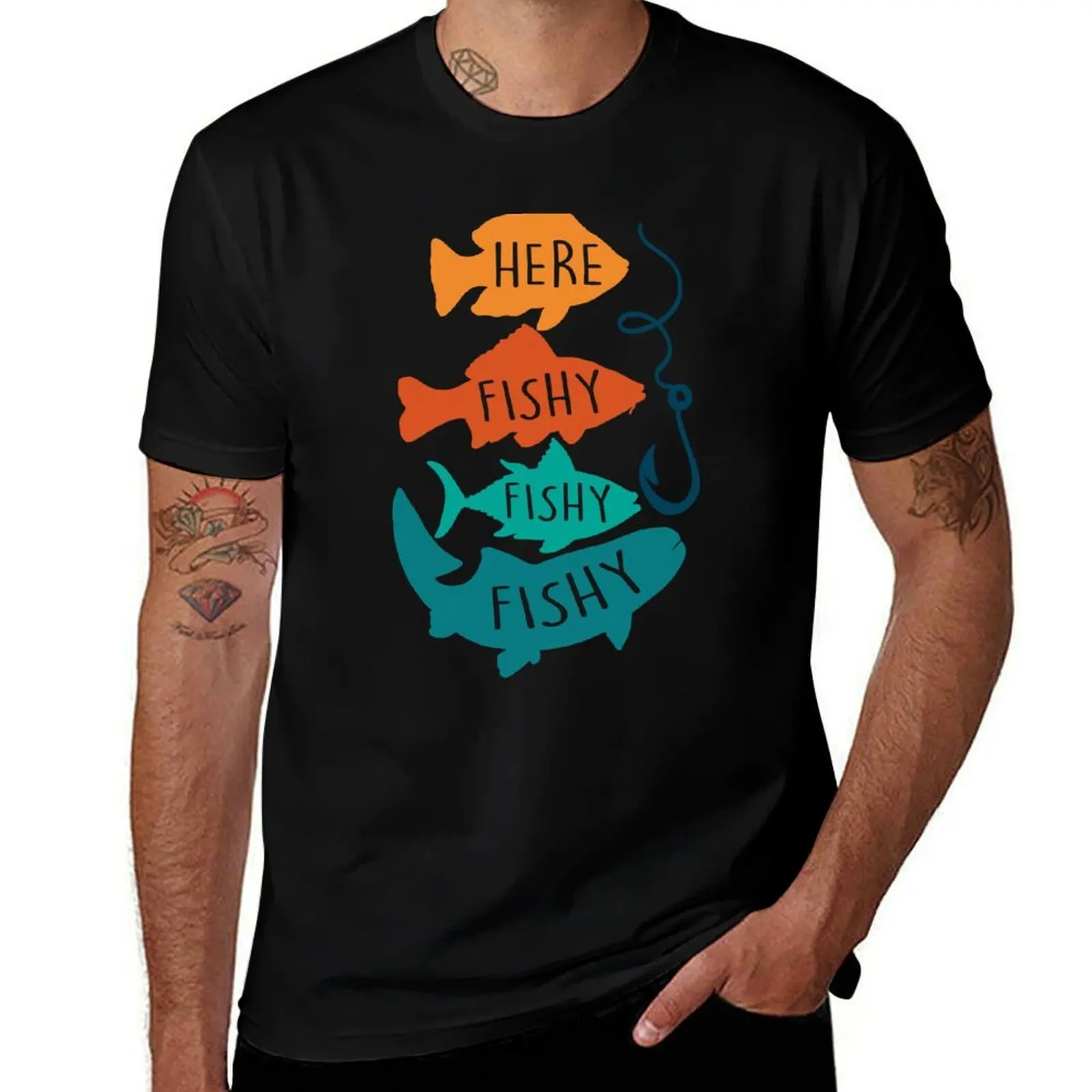 Fishing, Here Fishy Fishy T-Shirt Work Comfort for Men T-Shirt