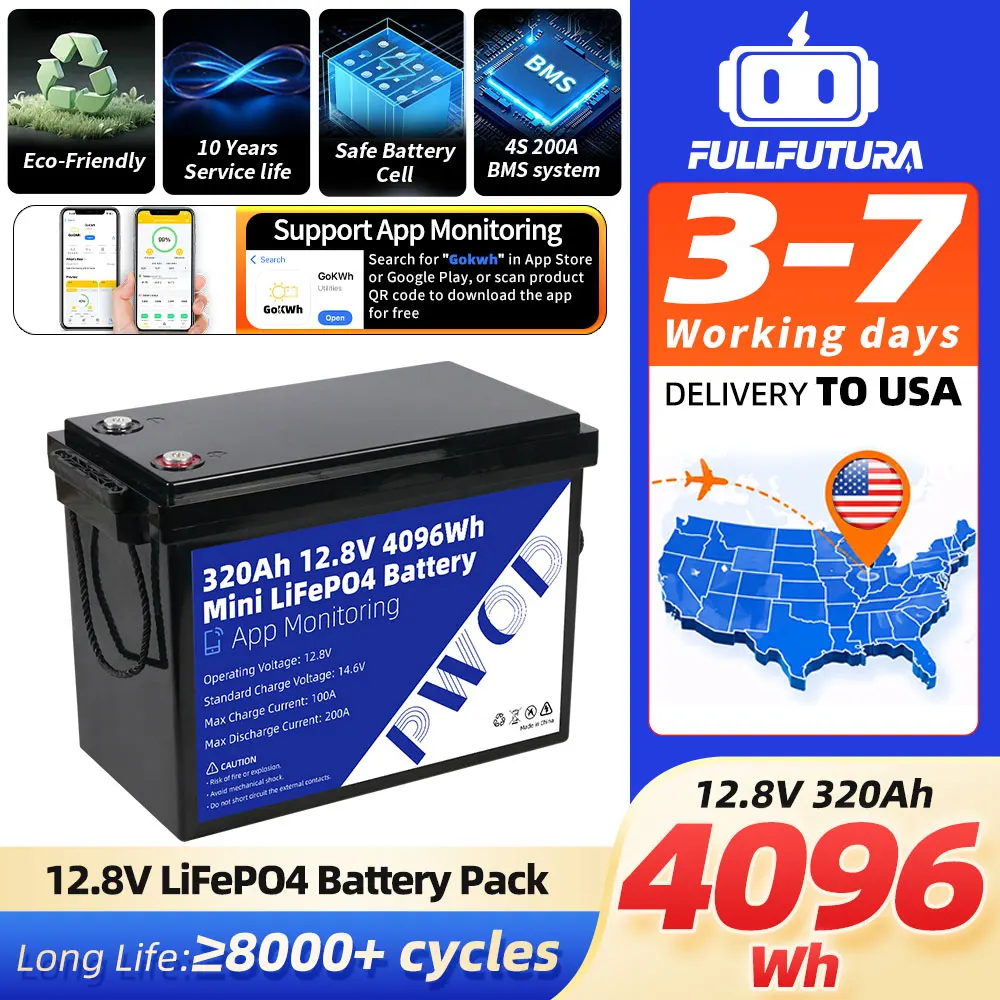 

8000 Cycles Lifepo4 12V 320Ah battery US Stock Lithium iron phosphate Cell Pack Built-in 4S 200A BMS For RV Campers Trailers Vans