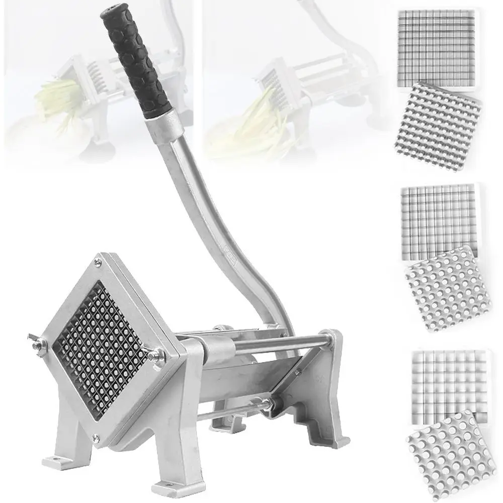 

Commercial Grade Manual Vegetable Slicer with 8/10/12mm Steel Blades for Potato, Onion, Carrot, and Cucumber Dicing