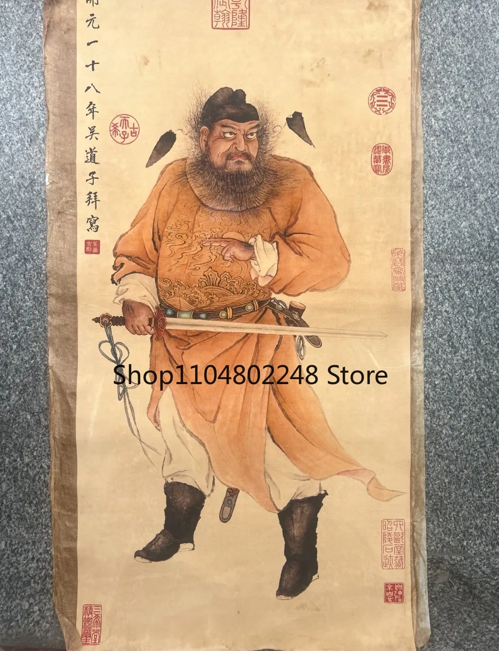 Old Chinese Wu Daozi - Zhong Kui Divine Power of Rice Paper Painting Scroll