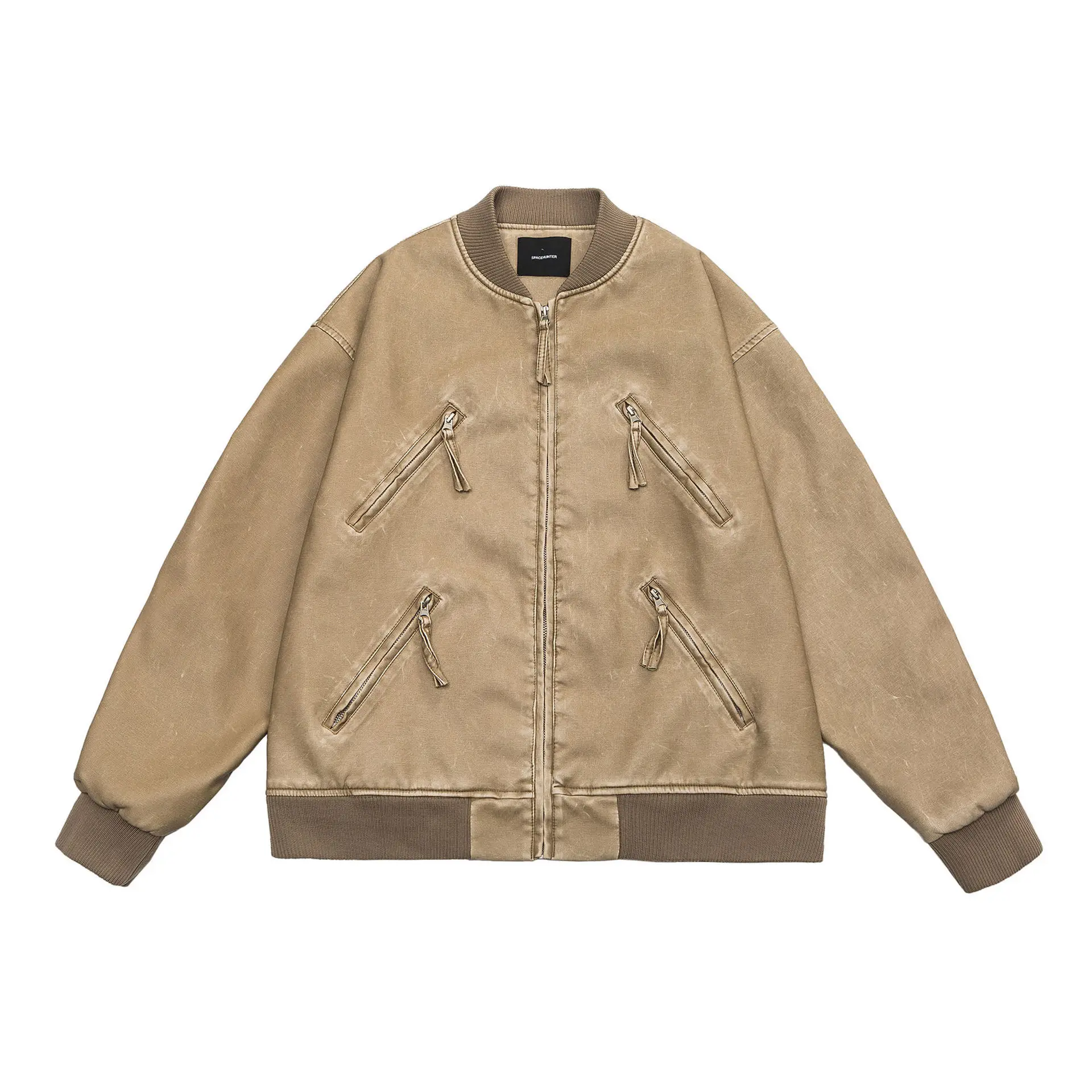 

New Arrival Men's Amekaji American Vintage Jacket Spring Autumn PU Leather Stand Collar Four Pockets Loose Flight Baseball Coat