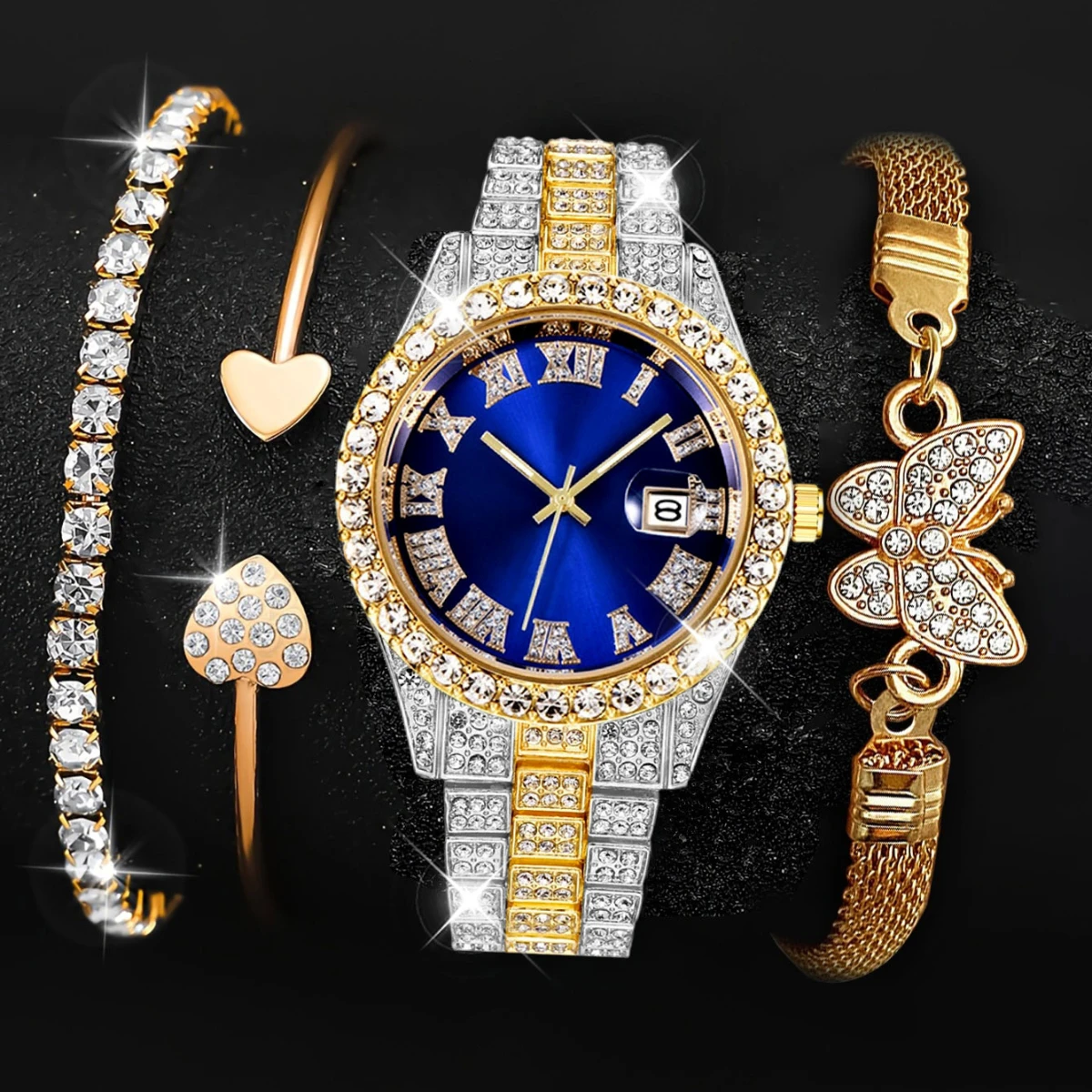 4pcs-Hip Hop Watch VintagInspired Retro Quartz Timepiece with Oversized Rhinestone Dial and Durable Stainless Steel Band