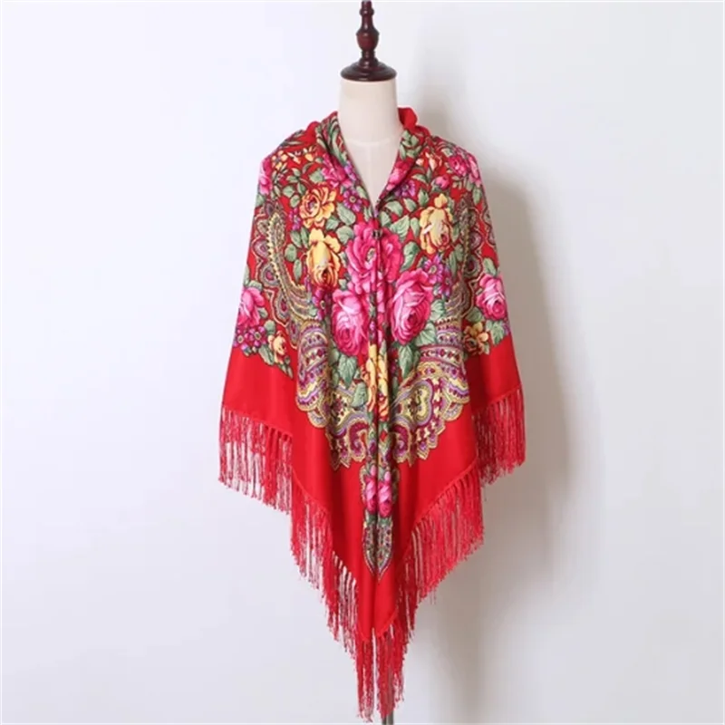 160*160cm Big Size Russian National Square Scarf Women Traditional Ukrainian Fringed Shawl Retro Floral Pattern Headscarf Wraps