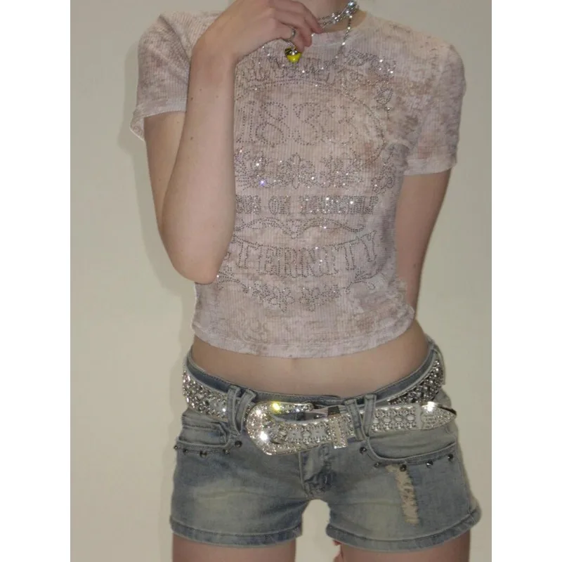 

Y2K Clothing 2000s Cropped Tops Women Sexy Diamond Print Mesh Short-Sleeve T-Shirt Summer New Trend O-Neck Top Unique Design