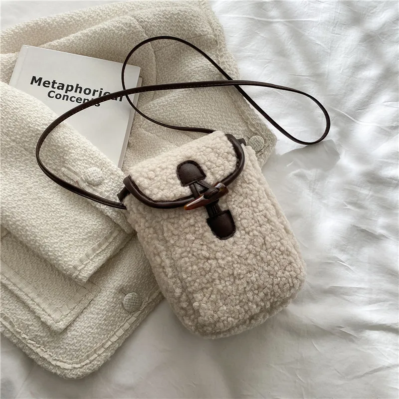 Lamb Wool Mini Cell Phone Bag For Women Autumn Winter New Chic Horn Buckle Design Crossbody Bags Fashion Trend One Shoulder Bags