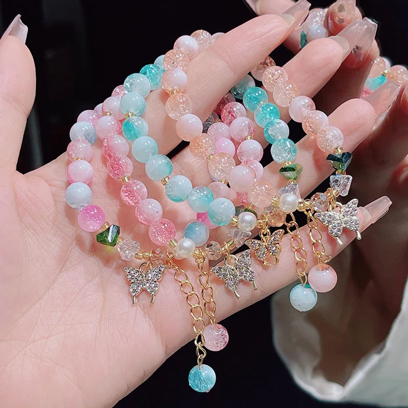 Hot Selling Butterfly Shape Ice Cracking Crystal Beaded Strand Hand Bracelets for Women Girls Student Low Price Jewelry YBR1171