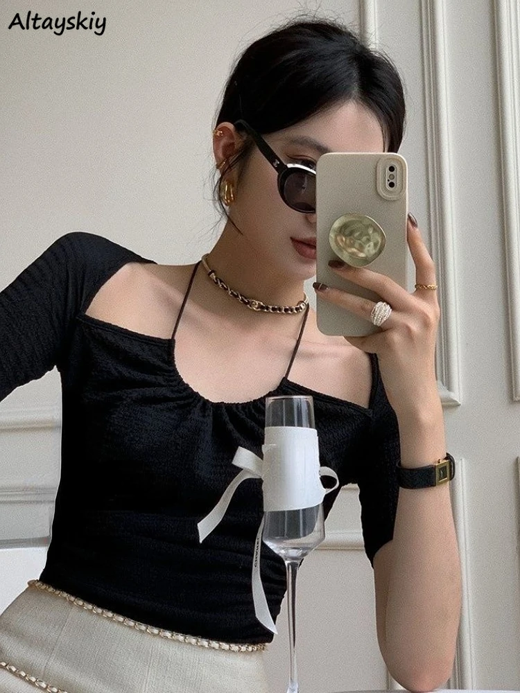 

T-shirts Women Folds Daily Elegant Designer Halter Fashion Simple Ladies Slim Korean Style Comfortable Vintage Summer Special