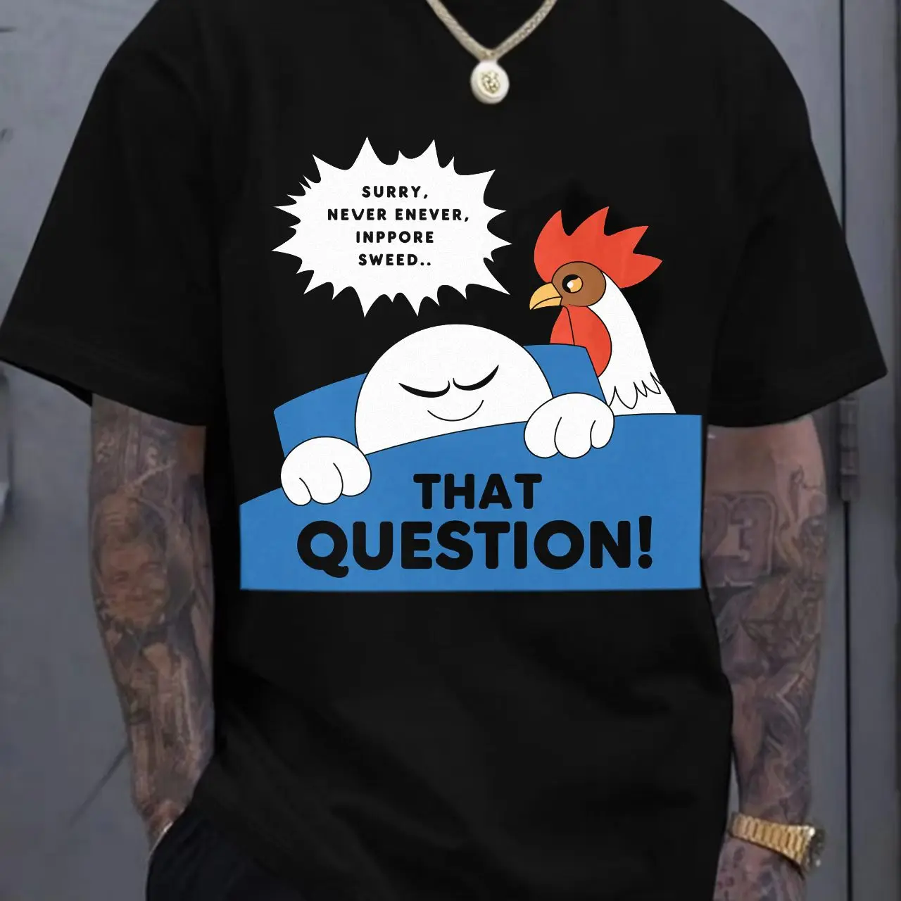Cartoon Character & Rooster Graphic White T - Shirt, Casual Crew Neck Cotton T - shirt with Blue Rectangular Speech Bubble Desig