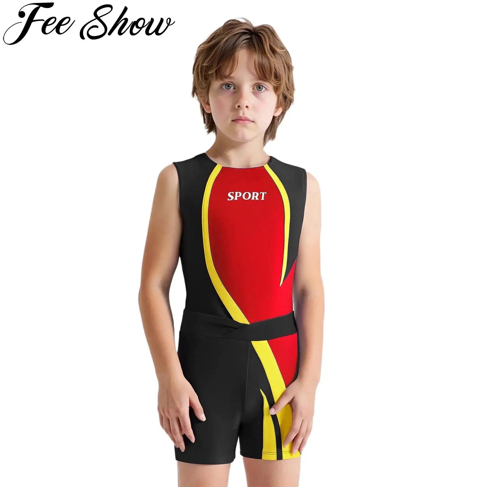 

Kids Boys Gymnastics Dance Outfit Sleeveless Letter Print Leotard with Athletic Shorts Yoga Workout Running Sportswear Swimwear