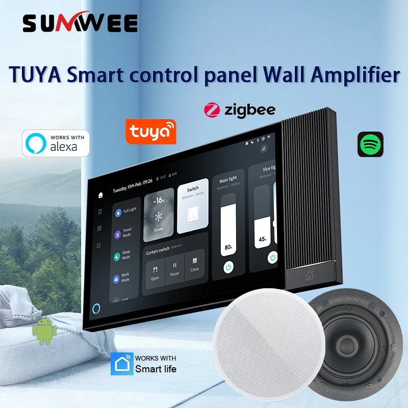 TUYA Smart Home Control Panel ALEXA Bluetooth Zigbee Gateway Android 11 system IR Multi-function wall amplifier ceiling speakers