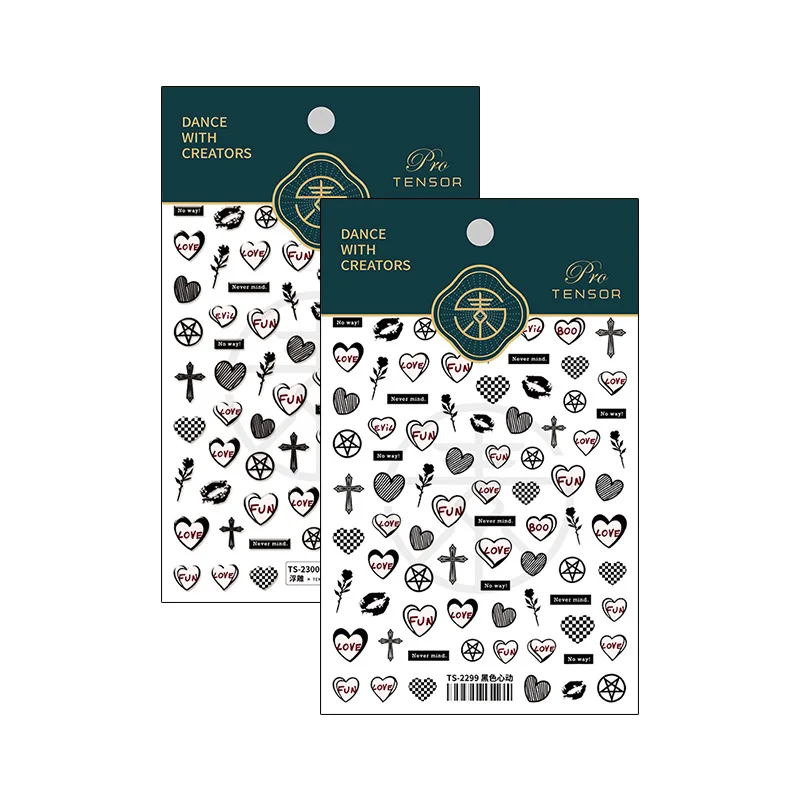 Pegatinas adhesivas para manicura, calcomanías con relieve realista 5D, corazón negro, Cruz, rosa, amor, suministros de dijes, 1 hoja