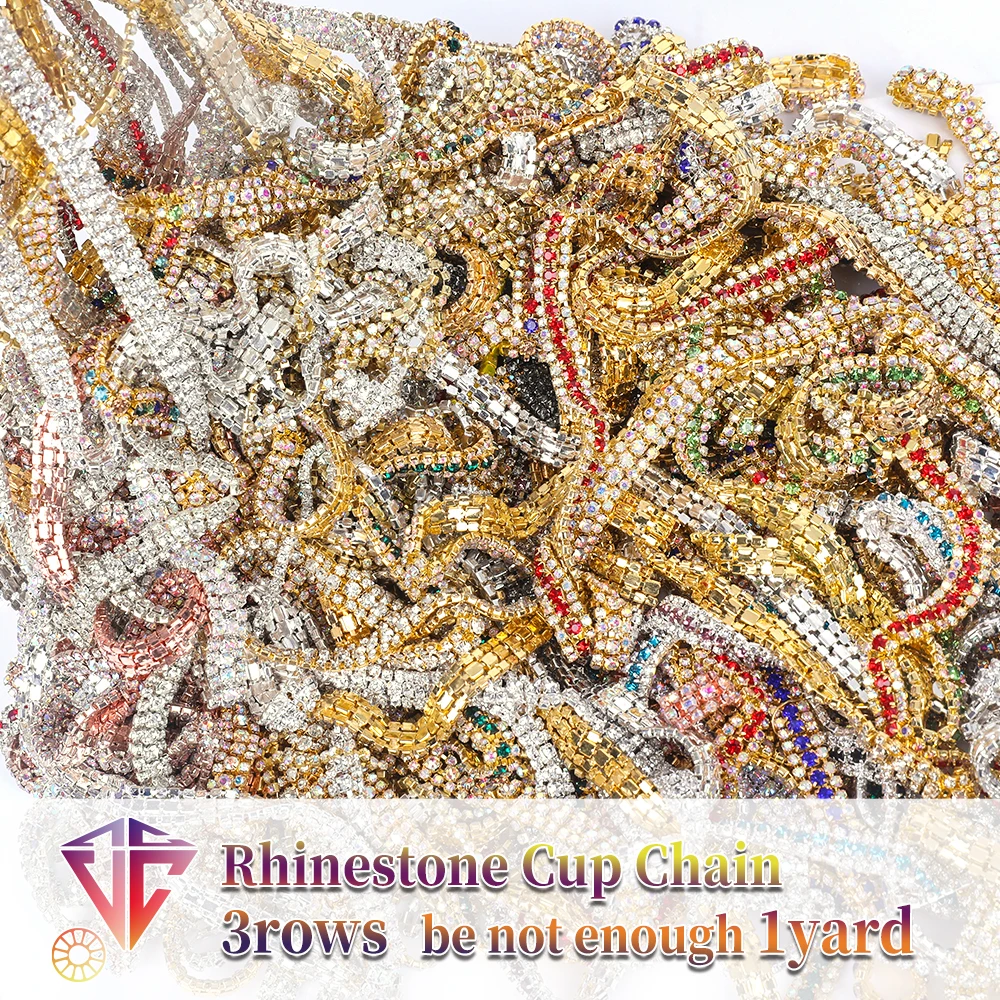 3rows insufficient waste 1yard Mixed color Rhinestone Cup Chain Colorful Glass Strass  Chain For Garments Decoration