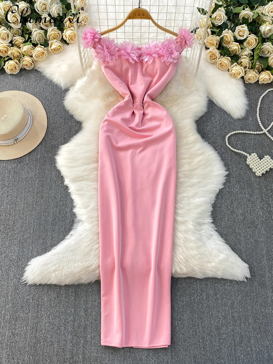 

French Elegant Temperament Bodycon Evening Dress Sleeveless Off-Shoulder 3D Floral High Waist Slim Fit Long Dress Women Summer