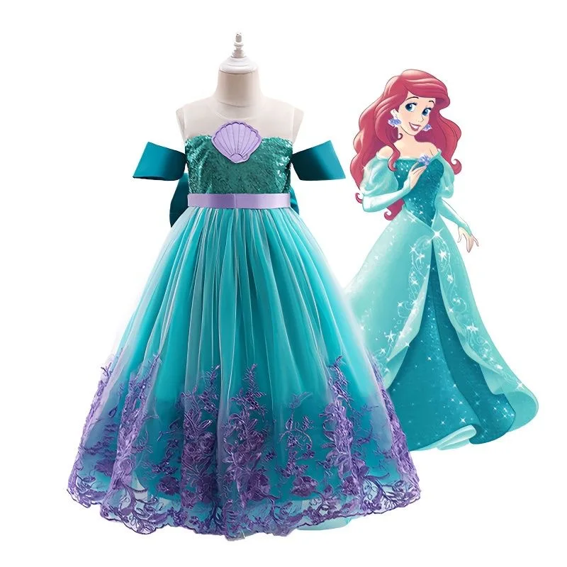 

Cute Girl Princess Little Mermaid Ariel Dress Kids Cosplay Costume Children Halloween Birthday Party Clothes Summer Dress Girl