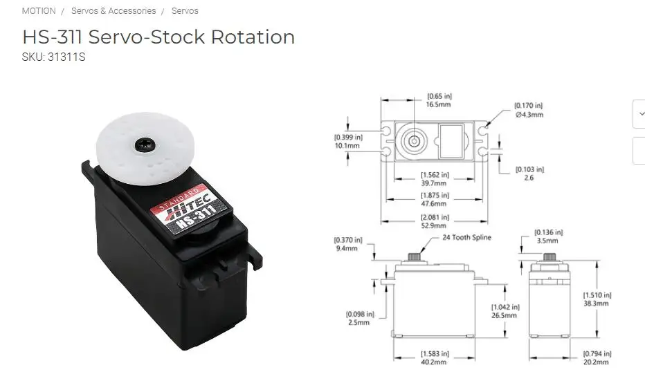 Hitec 31311S HS-311 Servo Standard Universal 24T 40.0 x 20.0 x 36.5 43G 3-3.5KG Torque