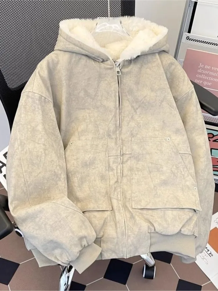 パーカージャケットコート女性のための厚い毛皮の襟フード付きアウターヴィンテージストリート長袖カップルコート 2025 新しい秋冬