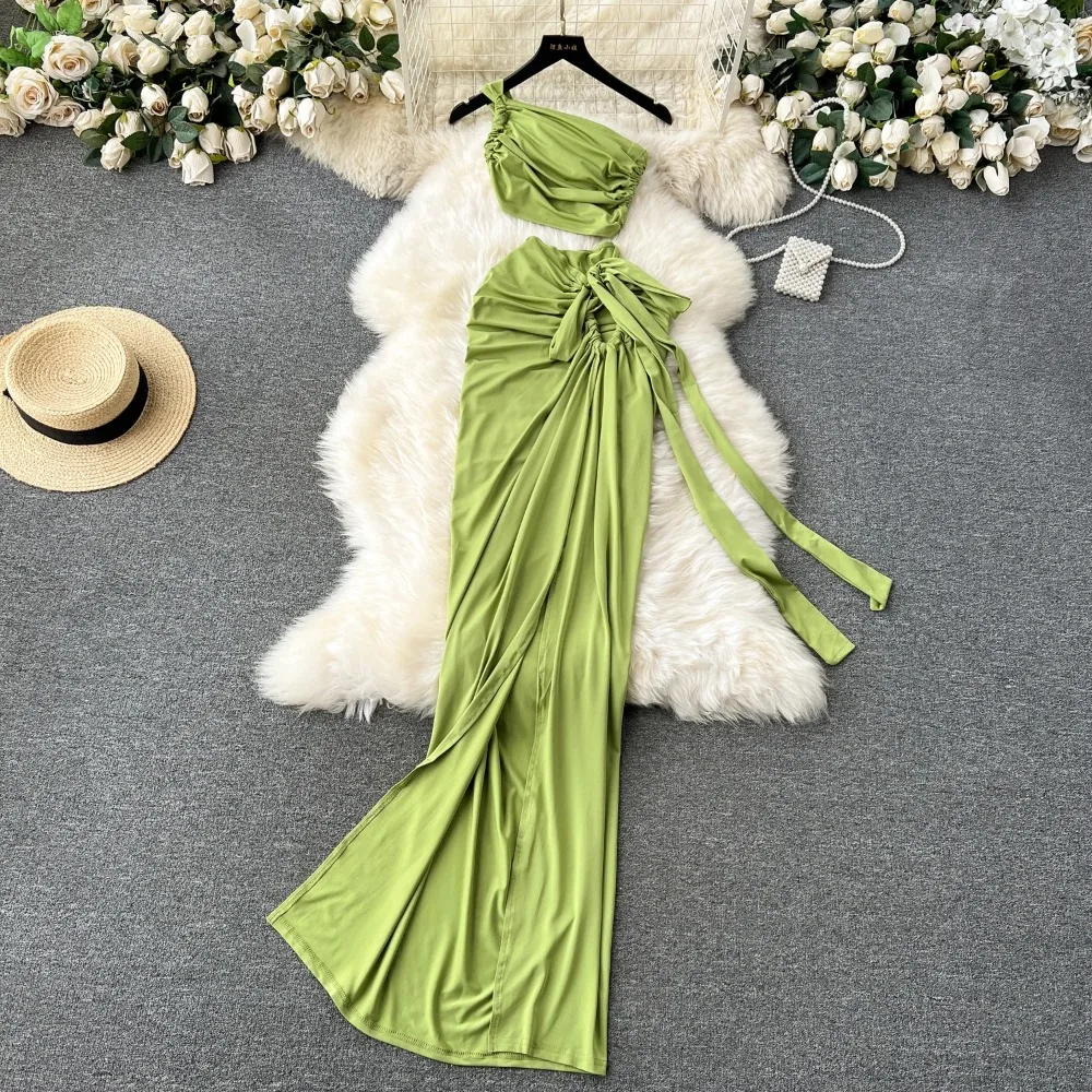 Sexy Sleeveless Diagonal Shoulder Chic Pleated Slim Tank Top High Waist Split Bandage Long Skirt Beach Vacation High Street Sets