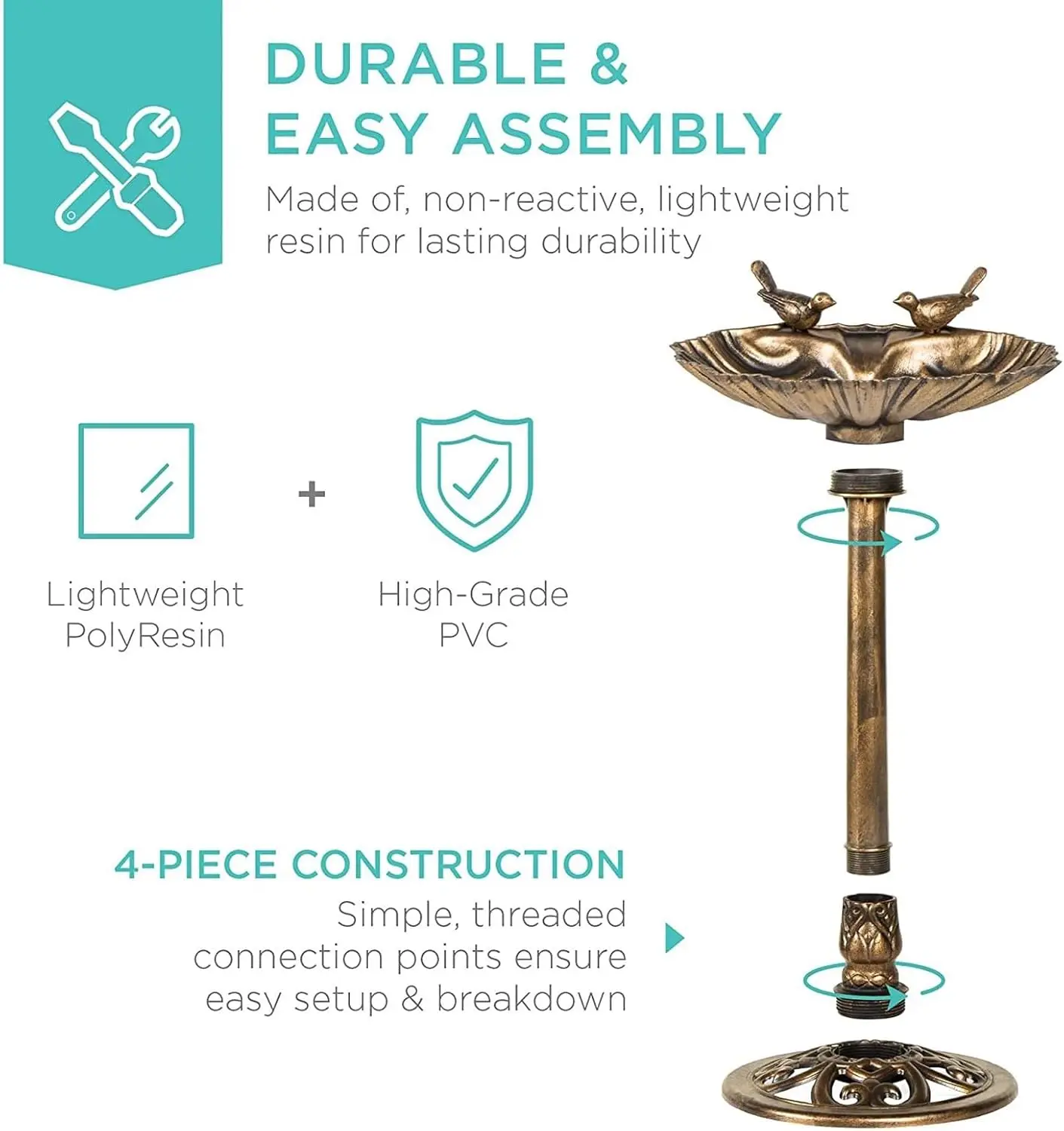 ソーラーパワー式の鳥の水飲み場噴水セット、ヴィンテージブロンズ仕上げ、屋外庭園装飾用