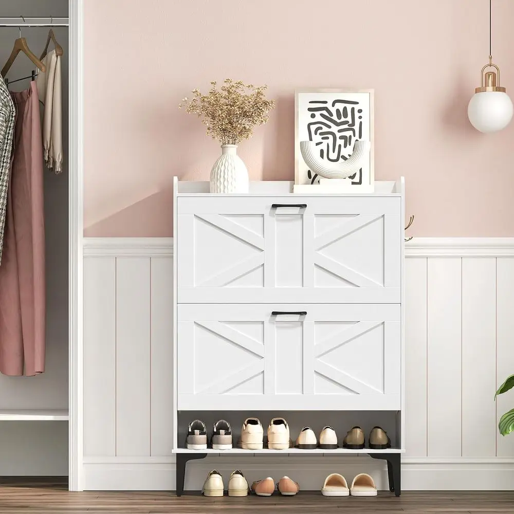Organizador de zapatos independiente blanco con 2 cajones y almacenamiento abierto para entrada