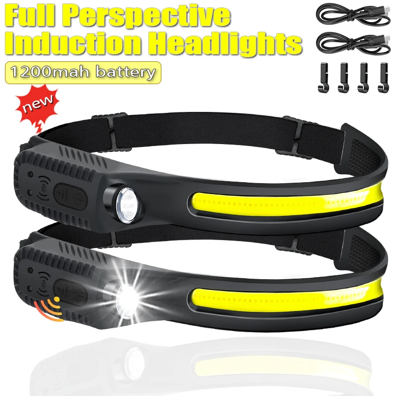 

USB Rechargeable Head Torch Induction Headlamp COB LED Sensor Head Lamp Built-in Battery Flashlight 5 Lighting Modes Headlight