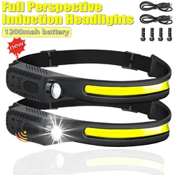 USB Rechargeable Head Torch Induction Headlamp COB LED Sensor Head Lamp Built-in Battery Flashlight 5 Lighting Modes Headlight