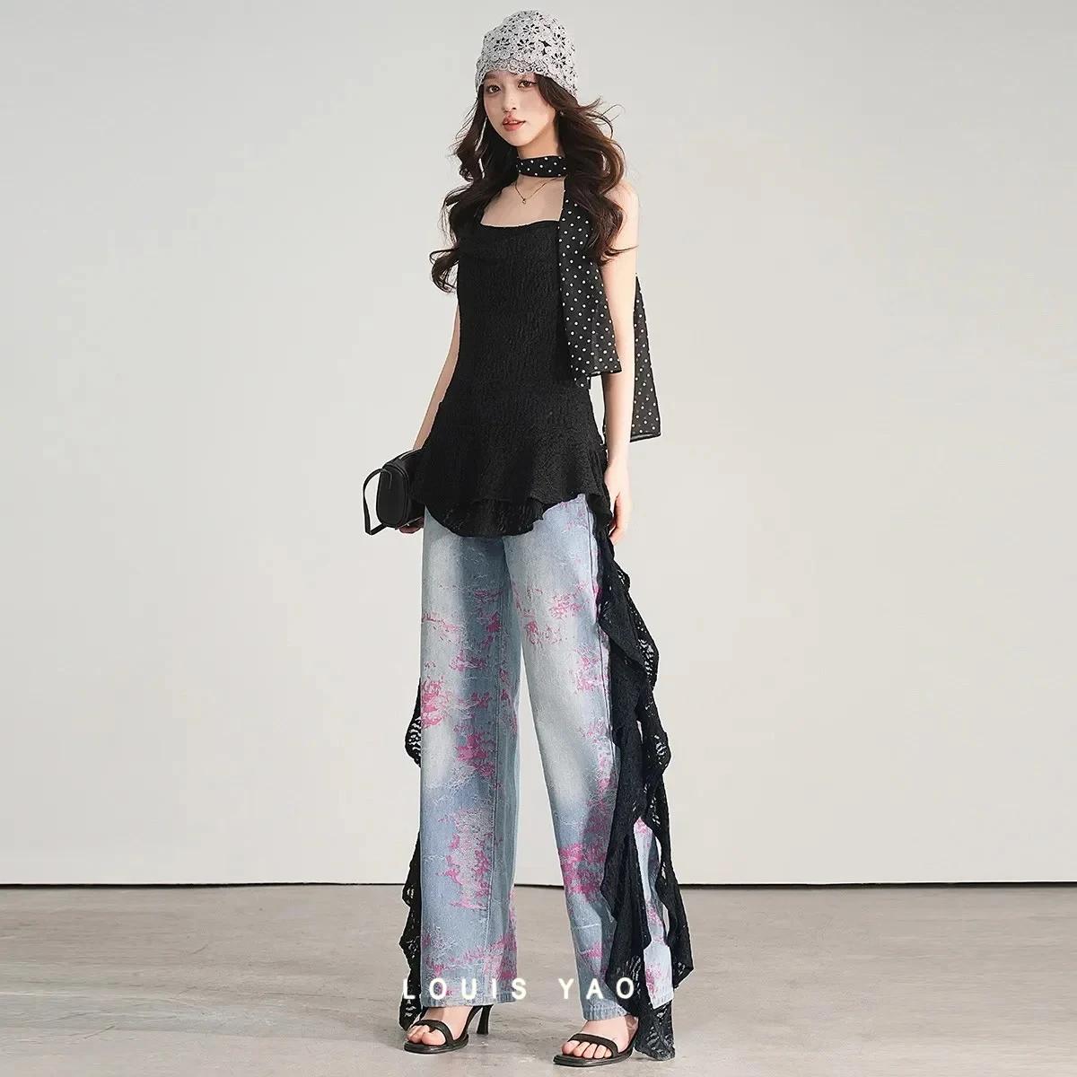 

LOUIS YAO Свободные джинсы с цветными блоками, лето 2024, джинсы с высокой талией, жаккардовые широкие джинсовые брюки с симметричными карманами