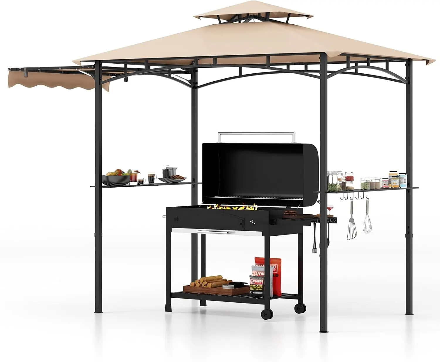 Outdoor Backyard, Garden, Poolside Grill - Metal, Beige - Side Awning, 2 - Tier, 2 Shelves, 12 Hanging Hooks, Bottle Opener