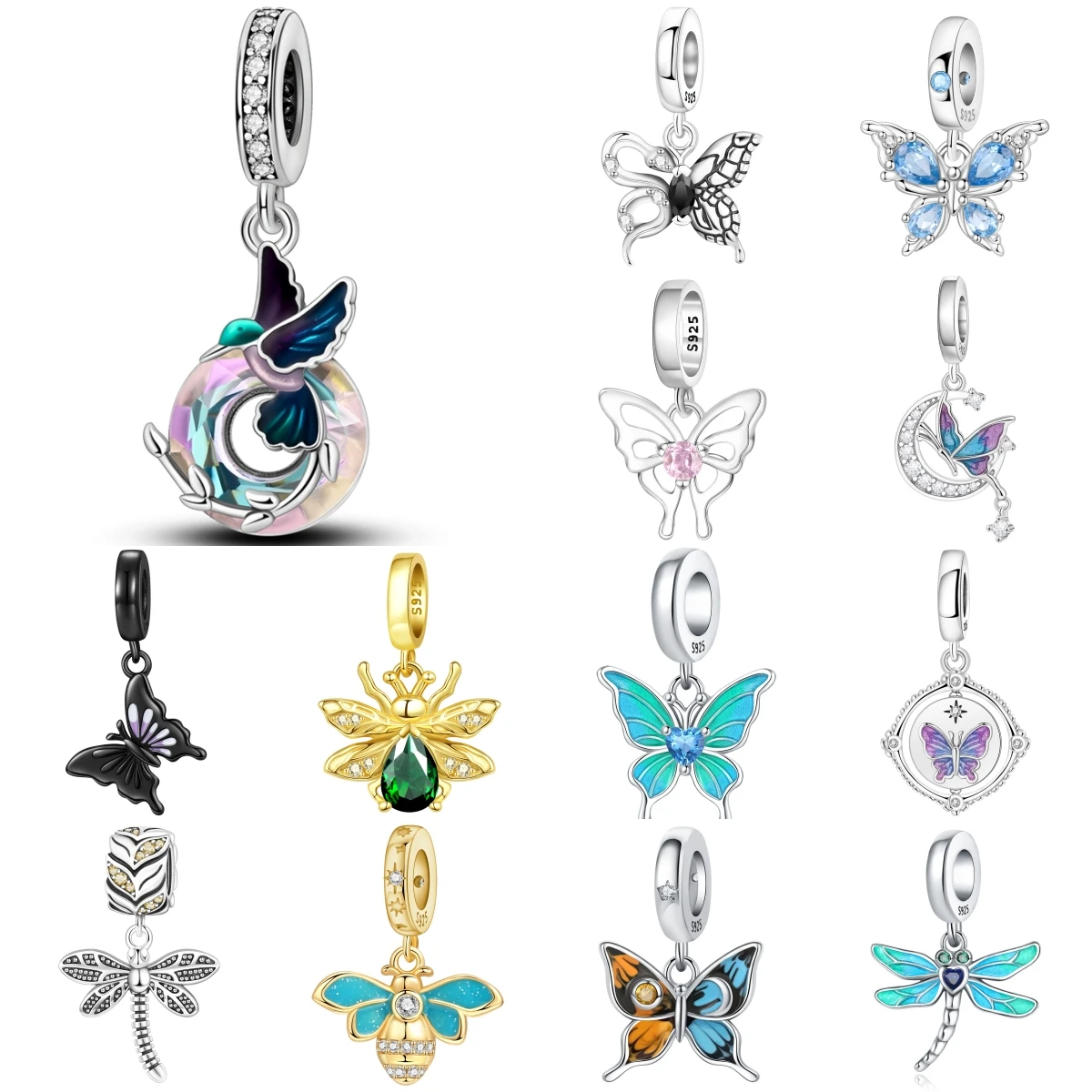 PANPOKI 925 Sterling Silver Colorful Hummingbird Animal Original Pendants Bracelet Charms Jewelry Party Beads DIY Trendy Gifts