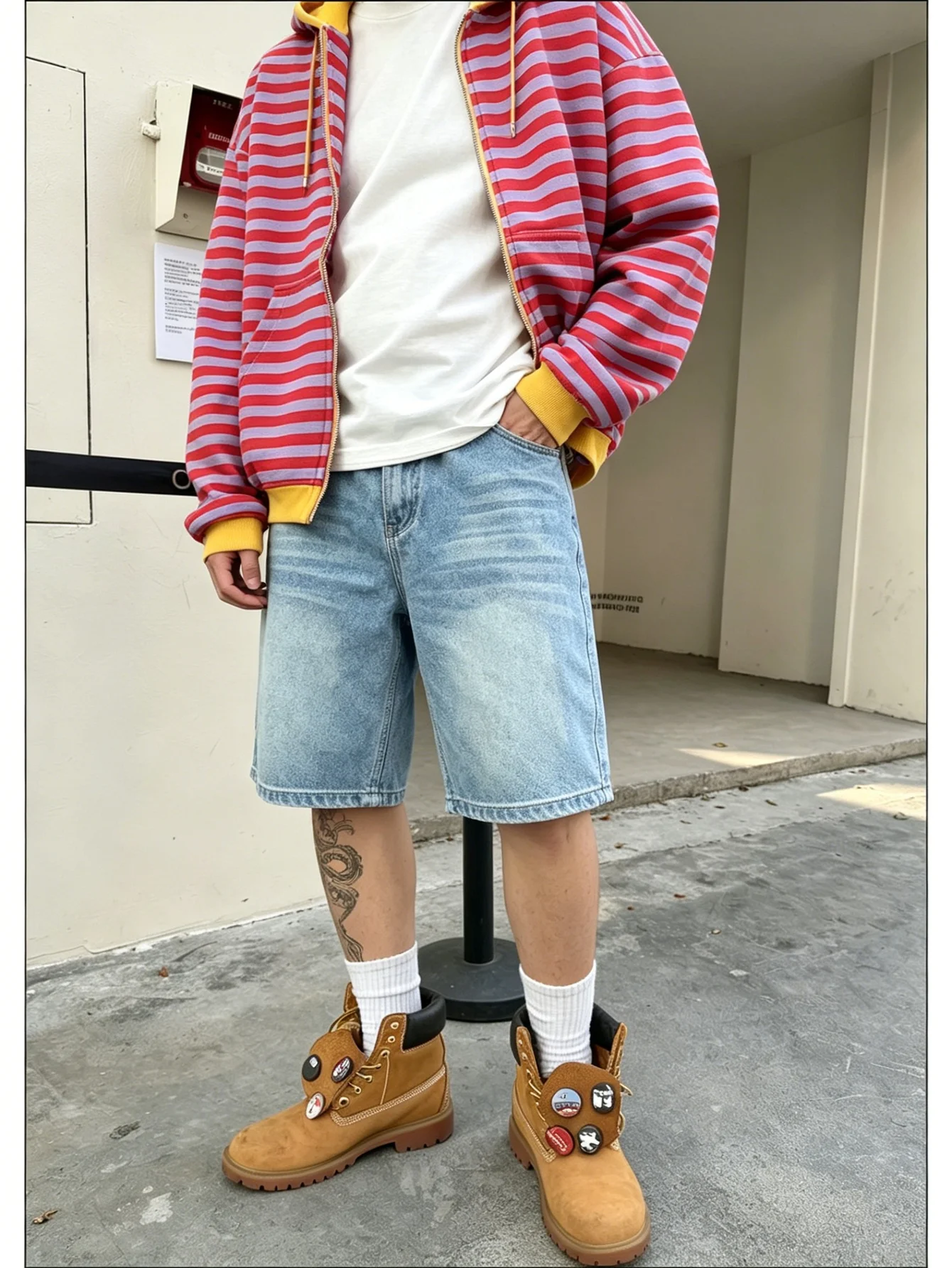 

Blue straight leg loose denim jorts male non stretch casual lightweight washed style comfortable wear daily street wear