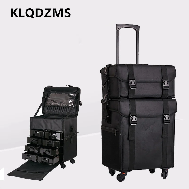 KLQDZMS أكسفورد القماش اثنين في واحد حقيبة مستحضرات التجميل الجمال مسمار أداة صندوق المرأة ذات سعة كبيرة حقيبة تروللي بعجلات مع حقيبة عجلات