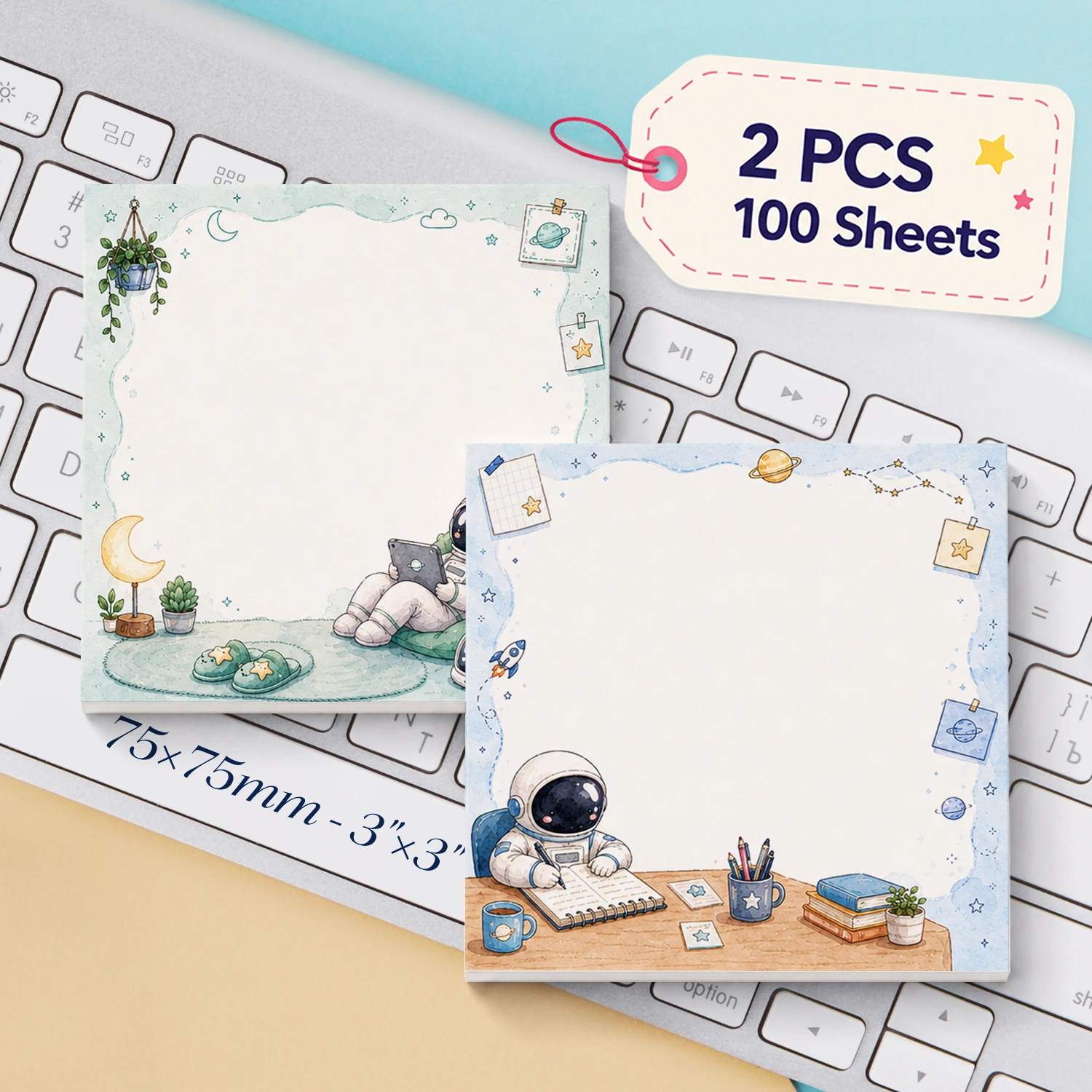 2PCS Cute Astronaut Sticky Notes 100 Sheets Space Planet Moon Star Memo Pads Creative Reminder Self Adhesive Office Stationery